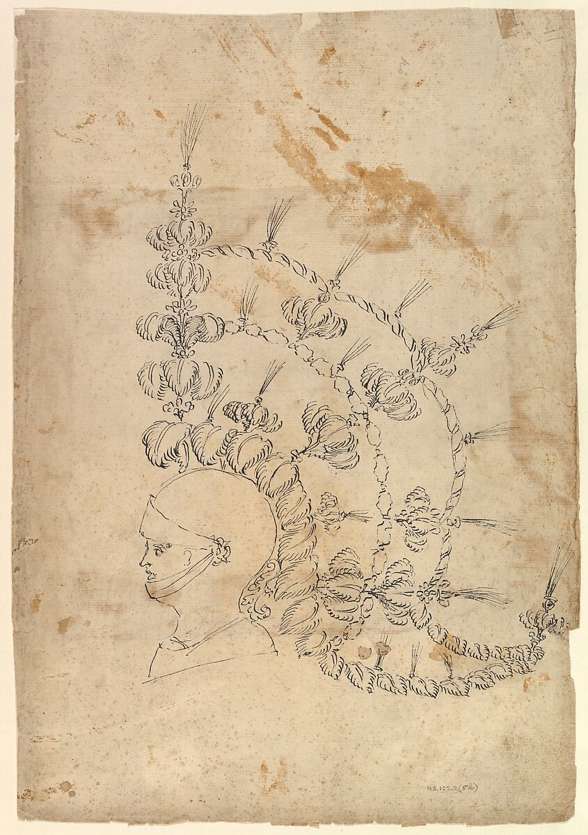 Design for an Armor Helmet with Tournament Headdress, Possibly by Baccio del Bianco (Italian, Florence 1604–1656 Escorial) (and workshop), Black ink 