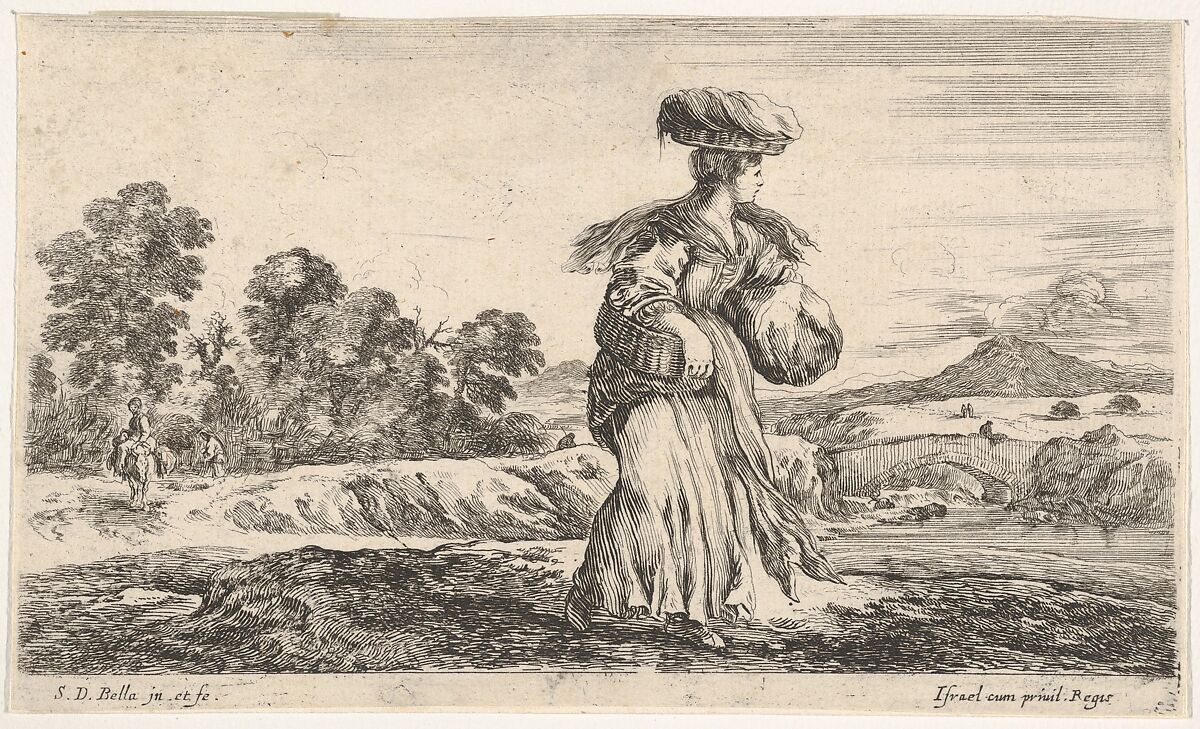 A peasant woman, standing in center facing right, carrying one basket on her head and another in her right arm, another peasant woman on a donkey and a figure on foot to left in the background, from 'Various figures and lands' (Diverse figure e paesi), Stefano della Bella (Italian, Florence 1610–1664 Florence), Etching 