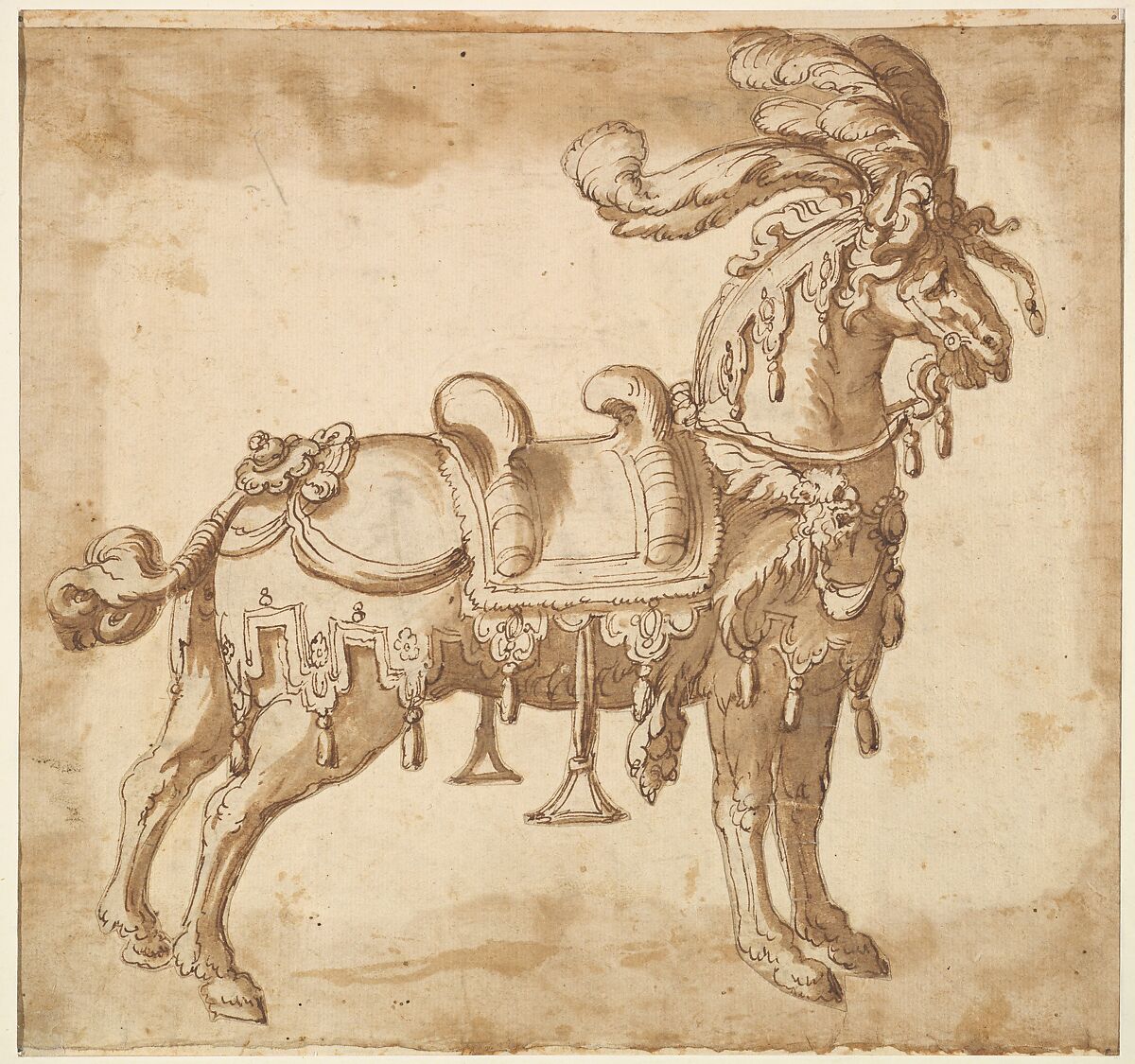 Horse Dressed Up for a Tournament or Ceremonial Entry, Possibly by Baccio del Bianco (Italian, Florence 1604–1656 Escorial) (and workshop), Brown ink and wash 