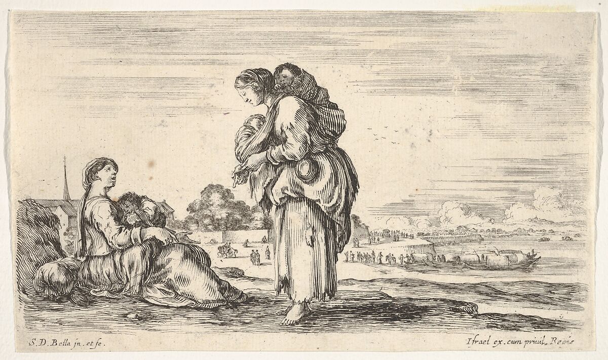 A woman seated to left holding a child, facing right in profile, conversing with a standing woman in center, carrying one child on her back and another in her arms, a church to left in background and boats to right in background, from 'Various figures and lands' (Diverse figure e paesi), Stefano della Bella (Italian, Florence 1610–1664 Florence), Etching 