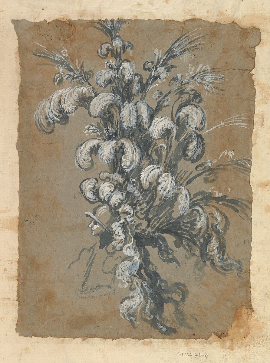Design for a Lavish Headdress with Feathers on a Helmet, Possibly by Baccio del Bianco (Italian, Florence 1604–1656 Escorial) (and workshop), Blue gouache or watercolor heightend with white 