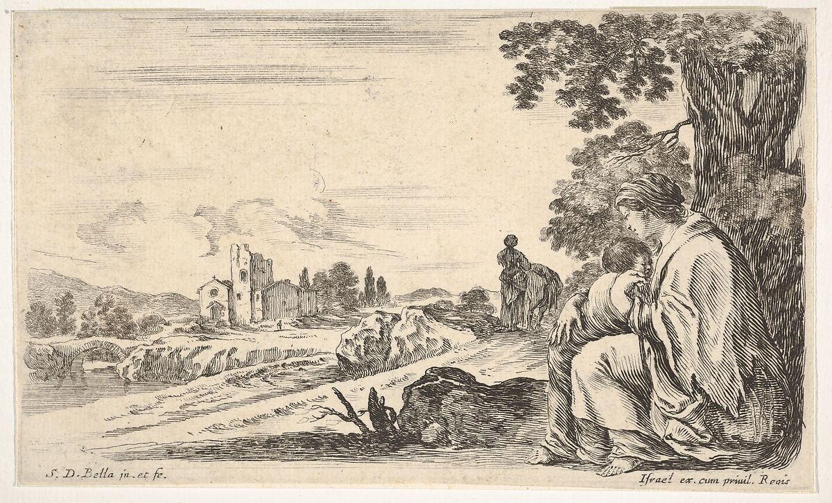 A peasant woman facing left in profile nurses a baby under a tree at right, a woman, seen from behind, walking next to a donkey in the middle ground, a church and bridge to left in background, from 'Various figures and lands' (Diverse figure e paesi), Stefano della Bella (Italian, Florence 1610–1664 Florence), Etching 