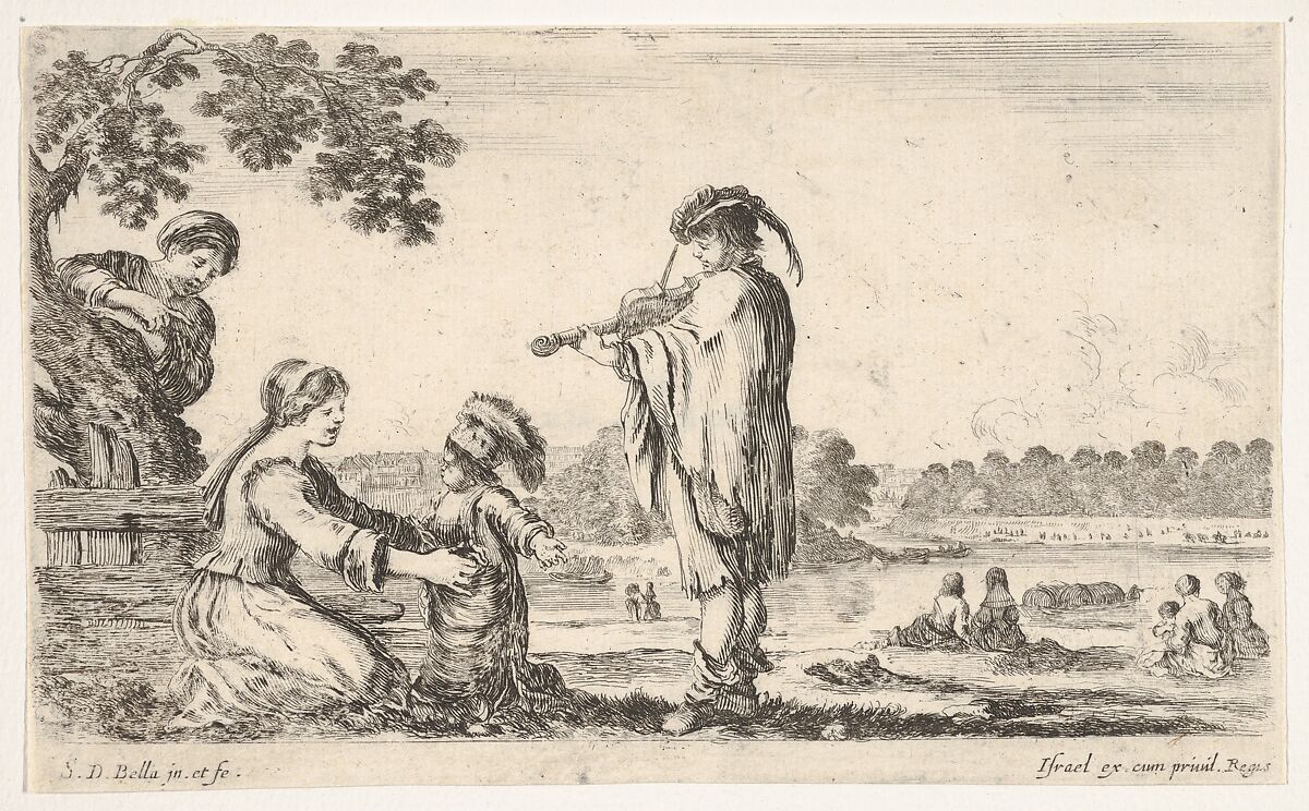 A man playing the violin in center, turned towards the left in profile, a seated woman to left playing with her dancing child, another woman standing and pointing behind a tree to left, seated women in a landscape to right in the background, from 'Various figures and lands' (Diverse figure e paesi), Stefano della Bella (Italian, Florence 1610–1664 Florence), Etching 