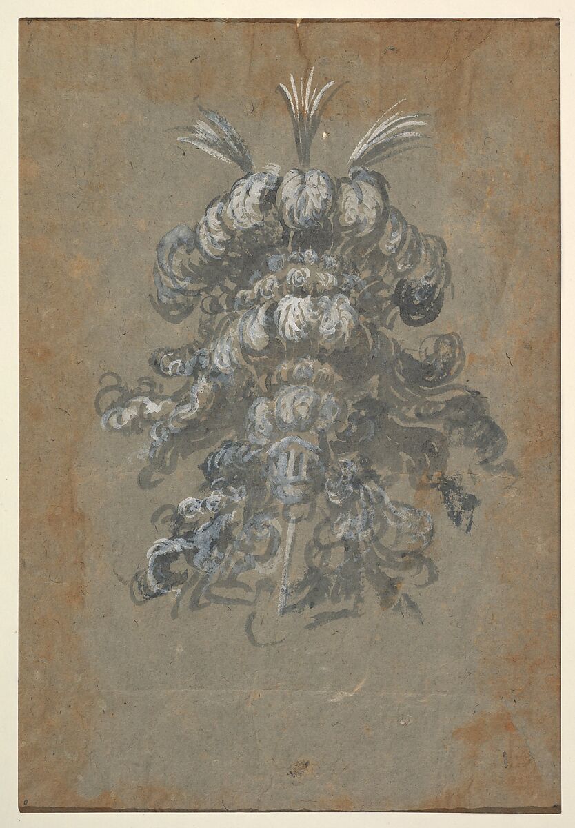 Design for a Lavish Headdress with Feathers on a Helmet (frontal view), Possibly by Baccio del Bianco (Italian, Florence 1604–1656 Escorial) (and workshop), Blue gouache or watercolor heightend with white 