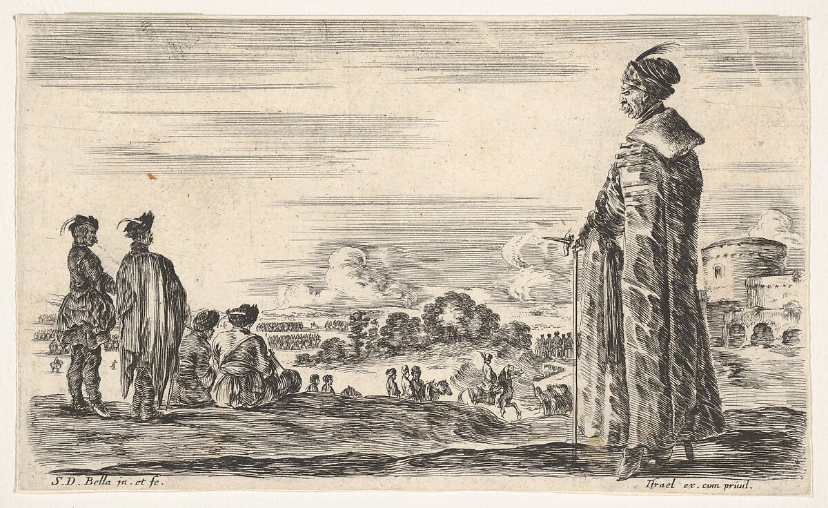 A Polish man in a long robe standing at right in profile, facing left, other Polish men to left, groups of horsemen to left in background and a castle to right in background, from 'Various figures and lands' (Diverse figure e paesi), Stefano della Bella (Italian, Florence 1610–1664 Florence), Etching 