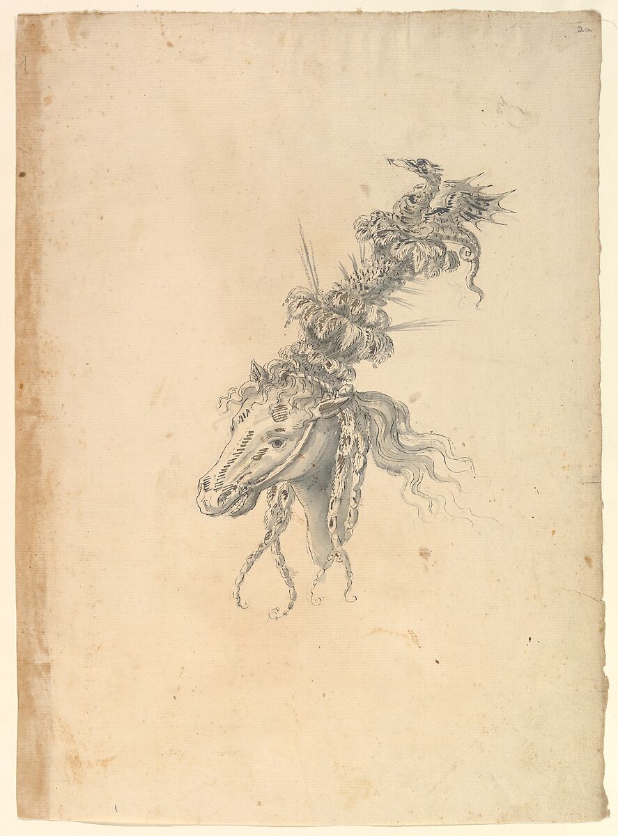 Design for the Headdress of a Horse Crowned by a Small Dragon, Possibly by Baccio del Bianco (Italian, Florence 1604–1656 Escorial) (and workshop), Blank ink and gray washes, heightened with silver (?) 
