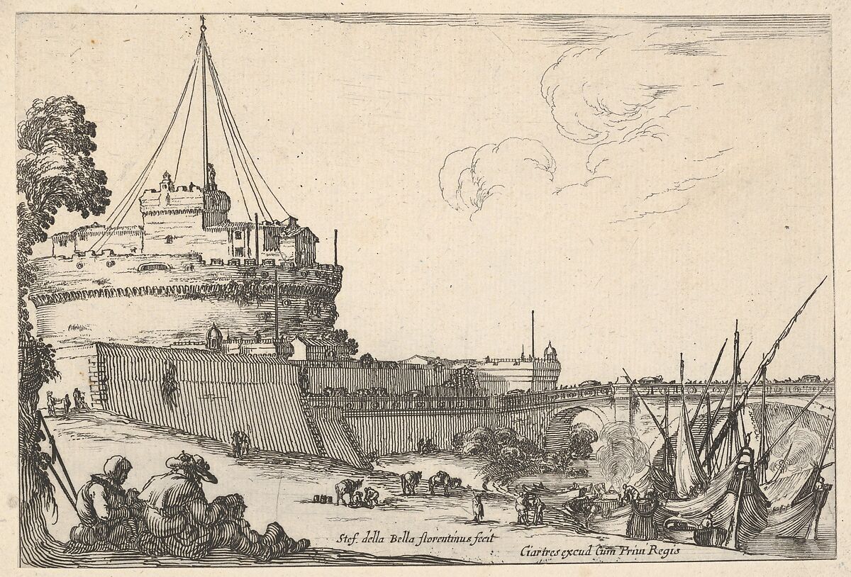 The Castel Sant'Angelo and the Pont Sant'Angelo in Rome, various boats unloading to right, two pilgrims with children seated to left, from 'Varie figure', Stefano della Bella (Italian, Florence 1610–1664 Florence), Etching; first state of four 