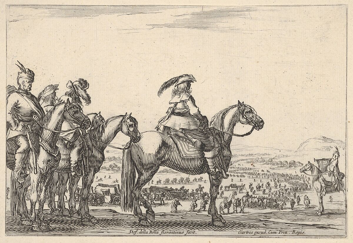 March of an army on a plain, the commander in chief in front, his aides behind him, a trumpeter on horseback at right, a plain with various figures and horses in the background, from 'Varie figure', Stefano della Bella (Italian, Florence 1610–1664 Florence), Etching; first state of four 