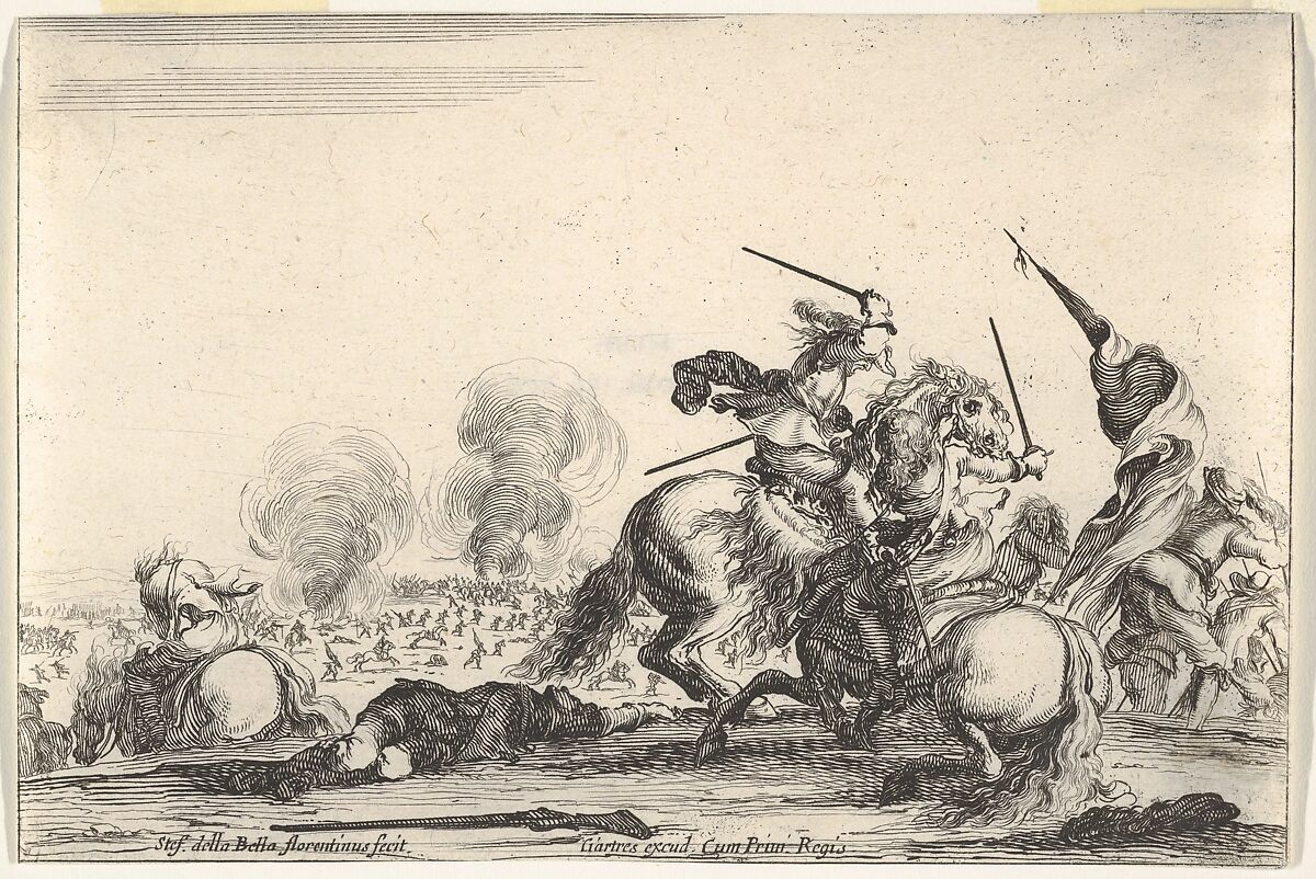 A skirmish, two horsemen battling with swords to the right, men carrying a flag running away towards the right, a dead man on the ground and a horseman seen from behind to the left, from 'Varie figure', Stefano della Bella (Italian, Florence 1610–1664 Florence), Etching; first state of four 