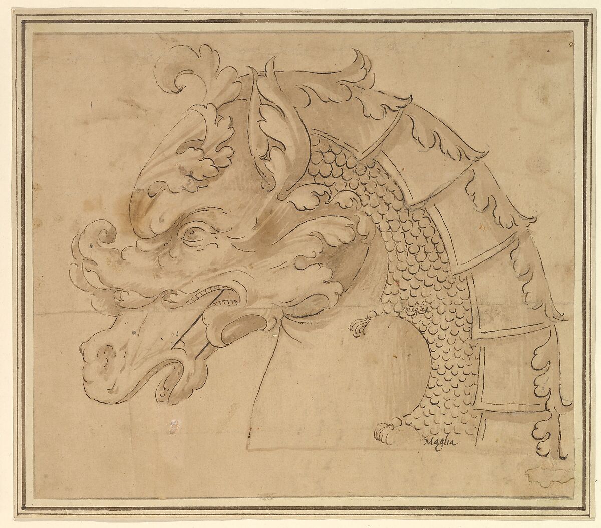 Armor Design for a Horse, Anonymous, Italian, 17th century, Brown ink and a light brown wash, pasted onto two sheets of paper, one of support and one as a mount, placed in a modern scrapbook 