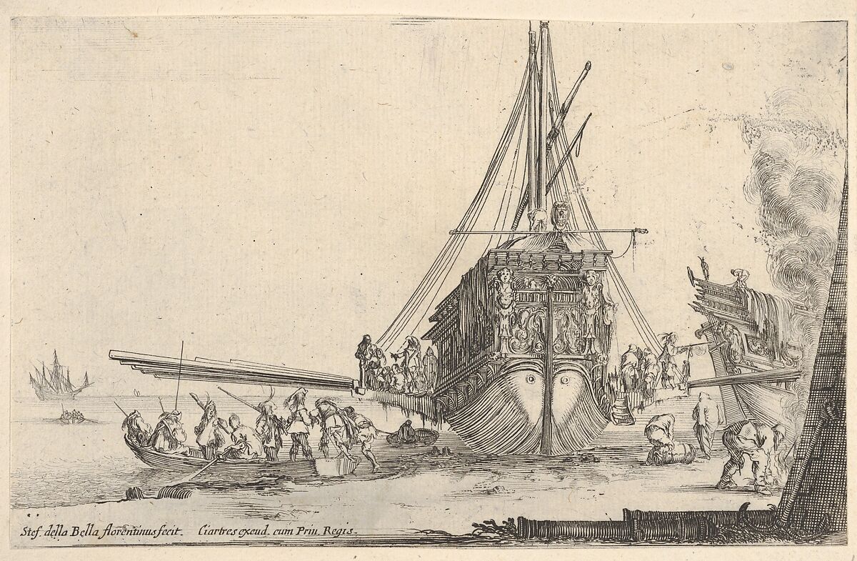 A galley embarking at center, seen from behind, the stern of another galley to right under a fire, eight men in a rowboat to left, from 'Varie figure', Stefano della Bella (Italian, Florence 1610–1664 Florence), Etching; first state of four 