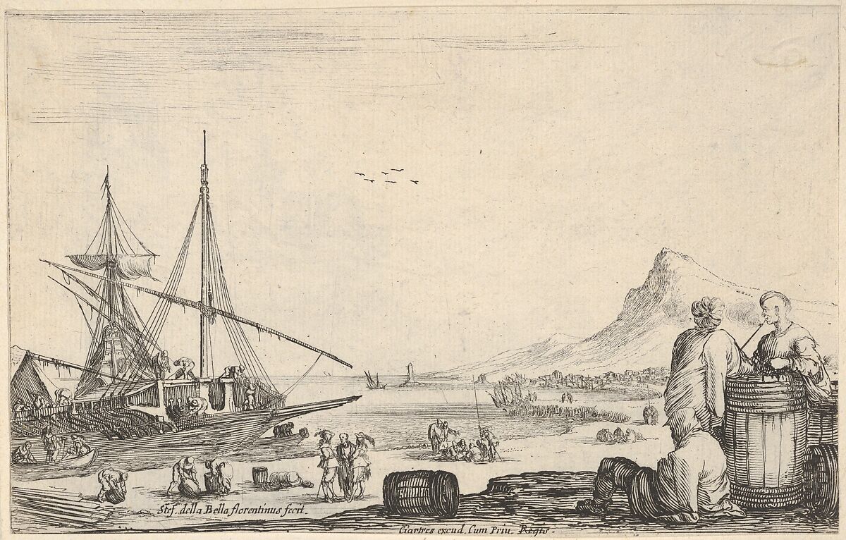 A ship disembarking to left, two galley slaves stand and one sits next to a barrel to right, various other figures on the shore, a mountain to right in the background, from 'Varie figure', Stefano della Bella (Italian, Florence 1610–1664 Florence), Etching; first state of four 