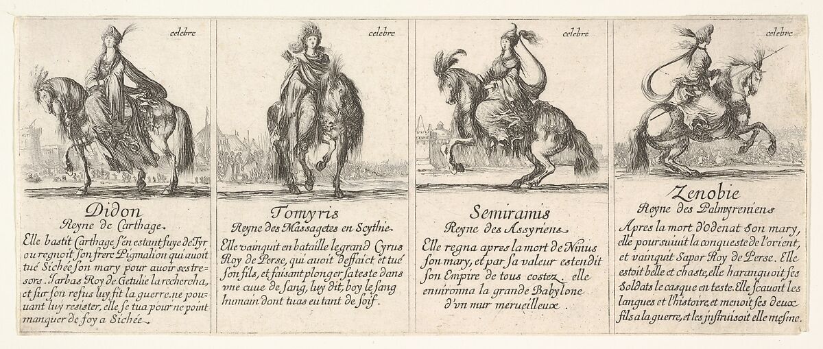 Didon, Tomyris, Semiramis, and Zenobie, from "The Game of Queens" (Le Jeu des Reines Renommées), Stefano della Bella (Italian, Florence 1610–1664 Florence), Etching 