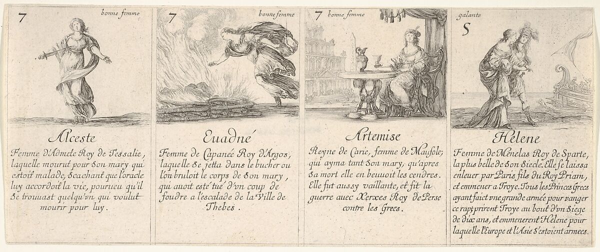 Alceste, Euadné, Artemise, and Helene, from 'The game of queens' (Le jeu des Reines renommées), Stefano della Bella (Italian, Florence 1610–1664 Florence), Etching 