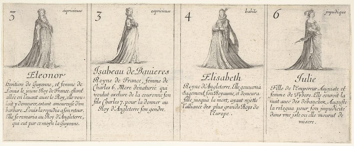 Eleonor, Isabeau de Bauieres, Elisabeth, and Julie, from "The Game of Queens" (Le Jeu des Reines Renommées), Stefano della Bella (Italian, Florence 1610–1664 Florence), Etching 