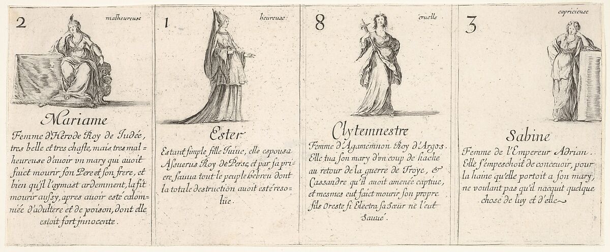 Mariame, Ester, Clytemnestre, and Sabine, from 'The game of queens' (Le jeu des Reines renommées), Stefano della Bella (Italian, Florence 1610–1664 Florence), Etching 