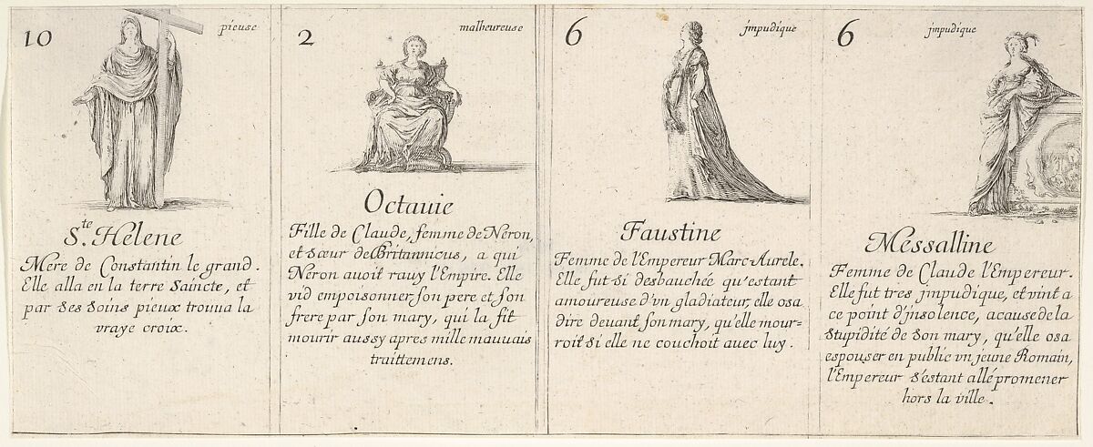 Ste. Helene, Octauie, Faustine, and Messalline, from 'The game of queens' (Le jeu des Reines renommées), Stefano della Bella (Italian, Florence 1610–1664 Florence), Etching 