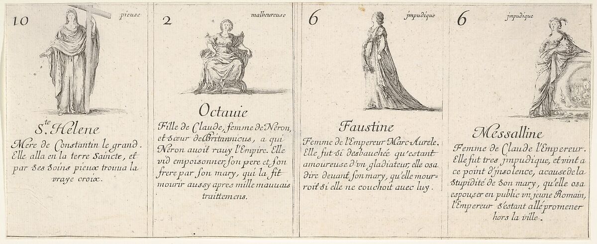 Ste. Helene, Octauie, Faustine, and Messalline, from "The Game of Queens" (Le Jeu des Reines Renommées), Stefano della Bella (Italian, Florence 1610–1664 Florence), Etching 