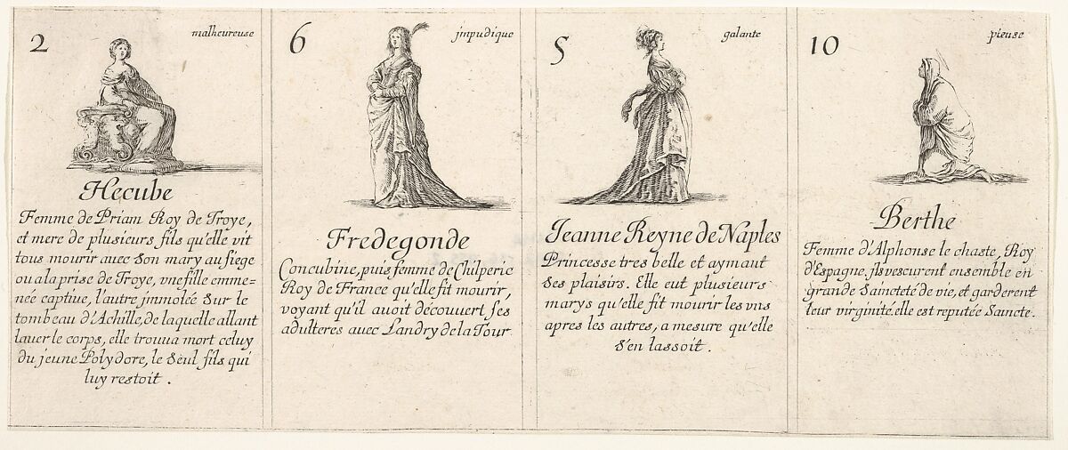 Hecube, Fredegonde, Ieanne Reyne de Naples, and Berthe, from "The Game of Queens" (Le Jeu des Reines Renommées), Stefano della Bella (Italian, Florence 1610–1664 Florence), Etching 