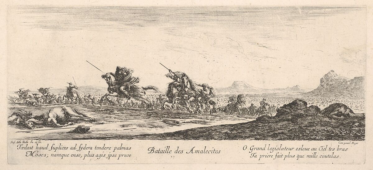Battle of the Amalekites (Bataille des Amalecites), Amalekites on horseback gallop towards the left, pursued by the Israelites, a dead man to right, a dead horse to left, Stefano della Bella (Italian, Florence 1610–1664 Florence), Etching; second state of two 