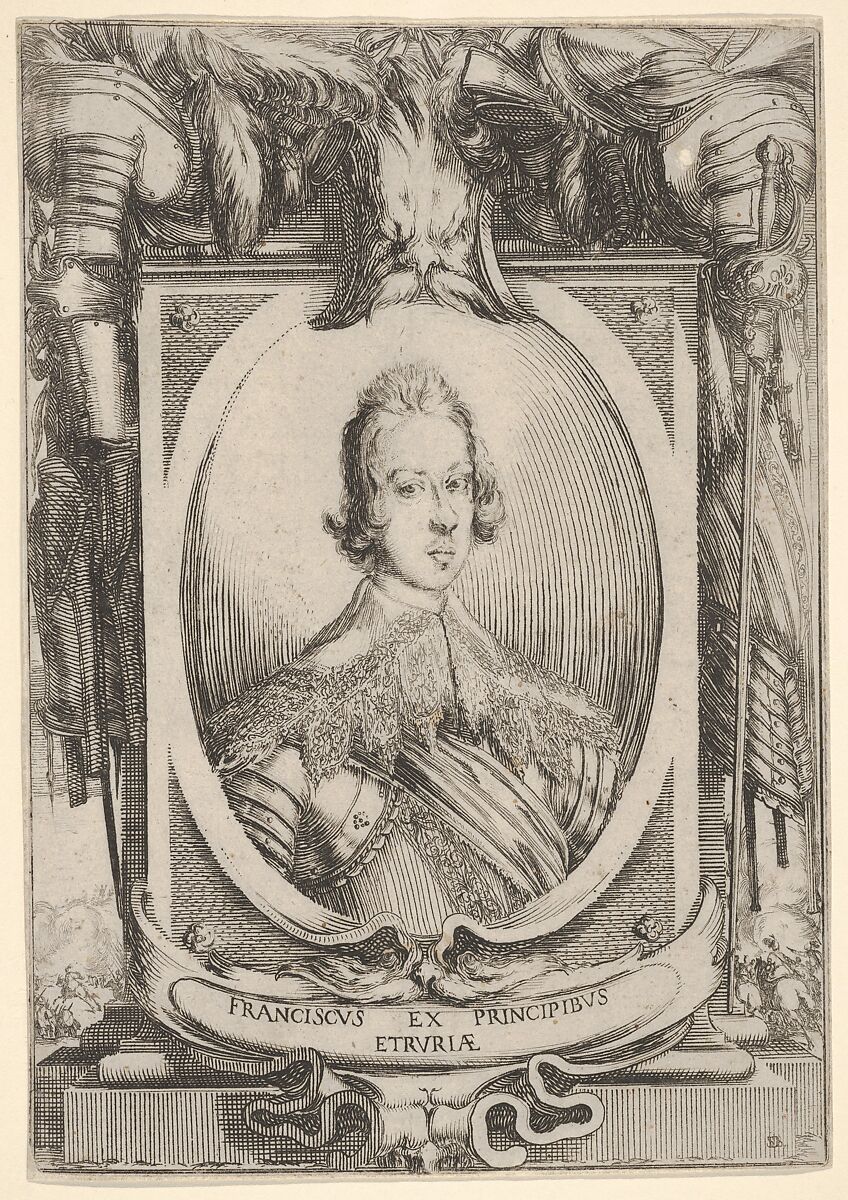 A portrait of Francesco de' Medici, within an oval frame, decorated with military equipment, battle scenes at bottom left and right outside of frame, Stefano della Bella (Italian, Florence 1610–1664 Florence), Etching 