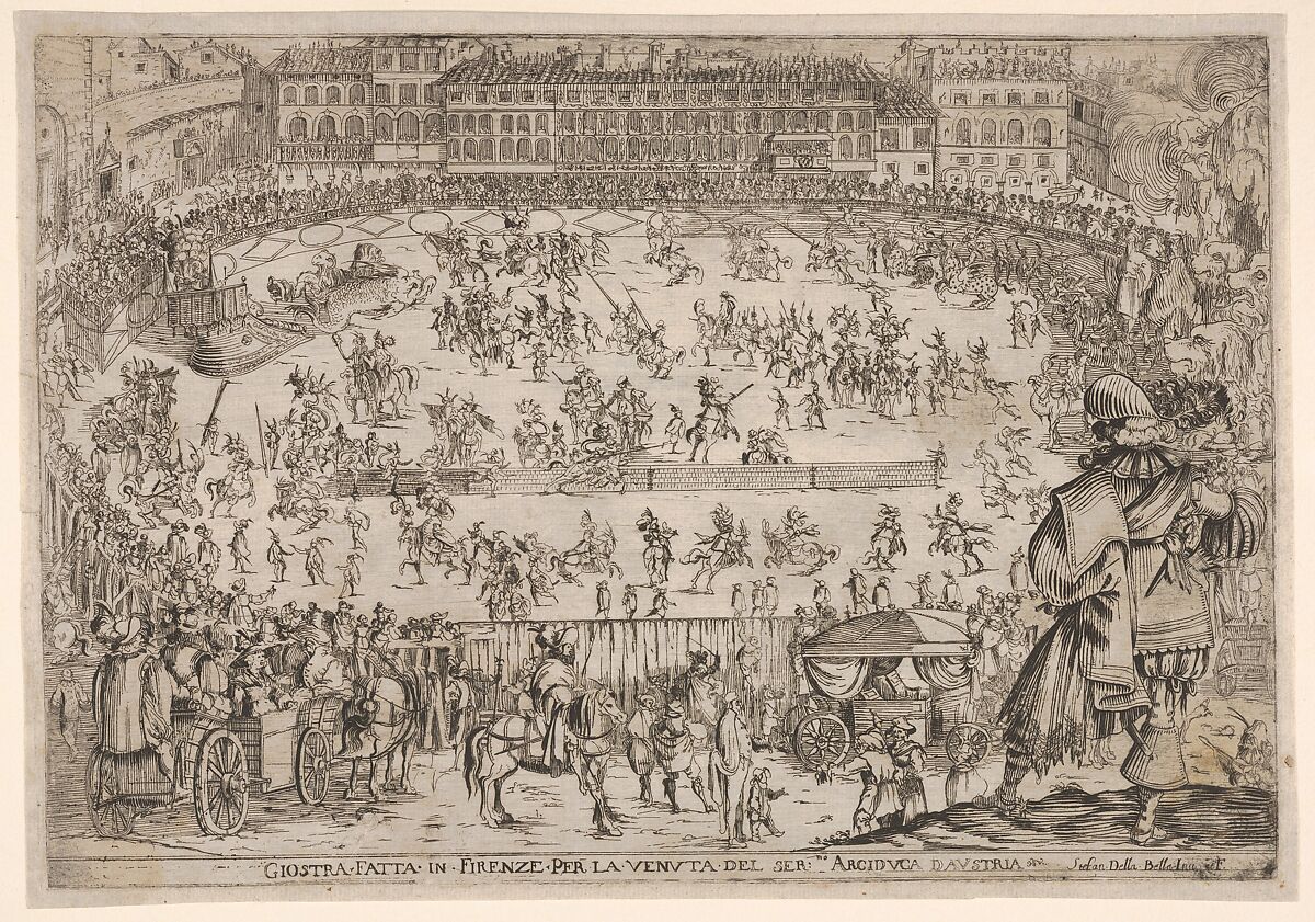 Joust held in Florence for the arrival of the archduke of Austria, an oval arena with many horsemen and pedestrians, spectators in carriages in the foreground, a row of houses at center in the background, from 'Combattimento e balletto a cavallo', Stefano della Bella (Italian, Florence 1610–1664 Florence), Etching 