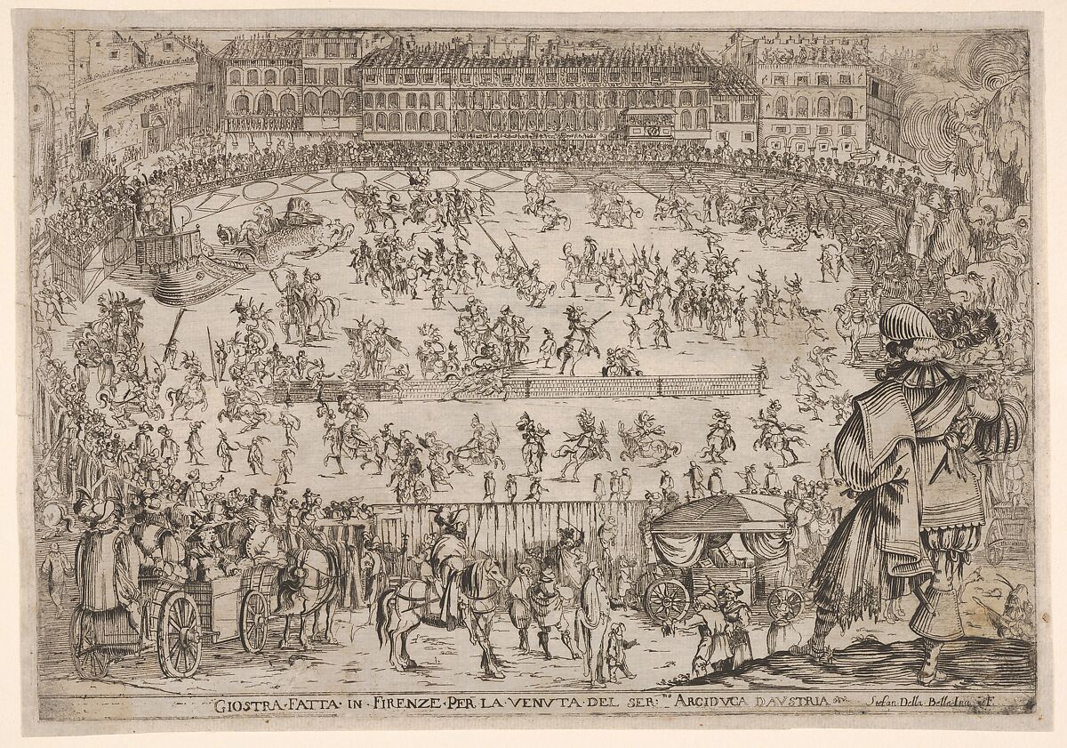 Joust held in Florence for the arrival of the archduke of Austria, an oval arena with many horsemen and pedestrians, spectators in carriages in the foreground, a row of houses at center in the background, from "Combattimento e balletto a cavallo", Stefano della Bella (Italian, Florence 1610–1664 Florence), Etching 