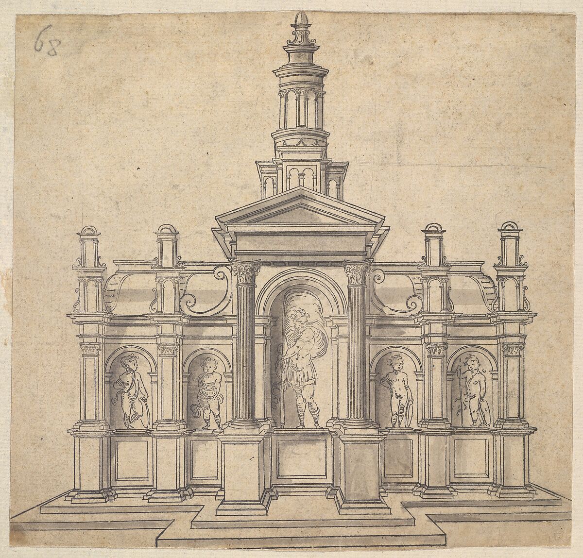 Architecturally-Shaped Tabernacle with a Saint and Four Putti, Anonymous  , French, 16th century, Etching with gray wash 