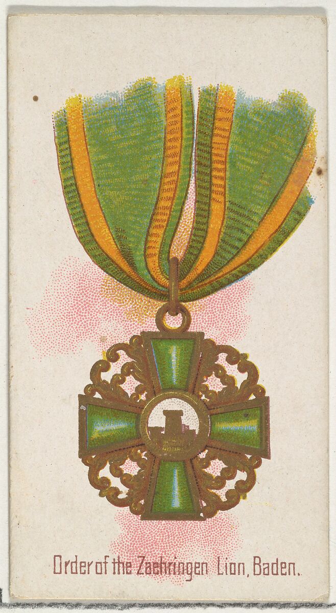 Order of the Zaehringen Lion, Baden, from the World's Decorations series (N30) for Allen & Ginter Cigarettes, Allen &amp; Ginter (American, Richmond, Virginia), Commercial color lithograph 