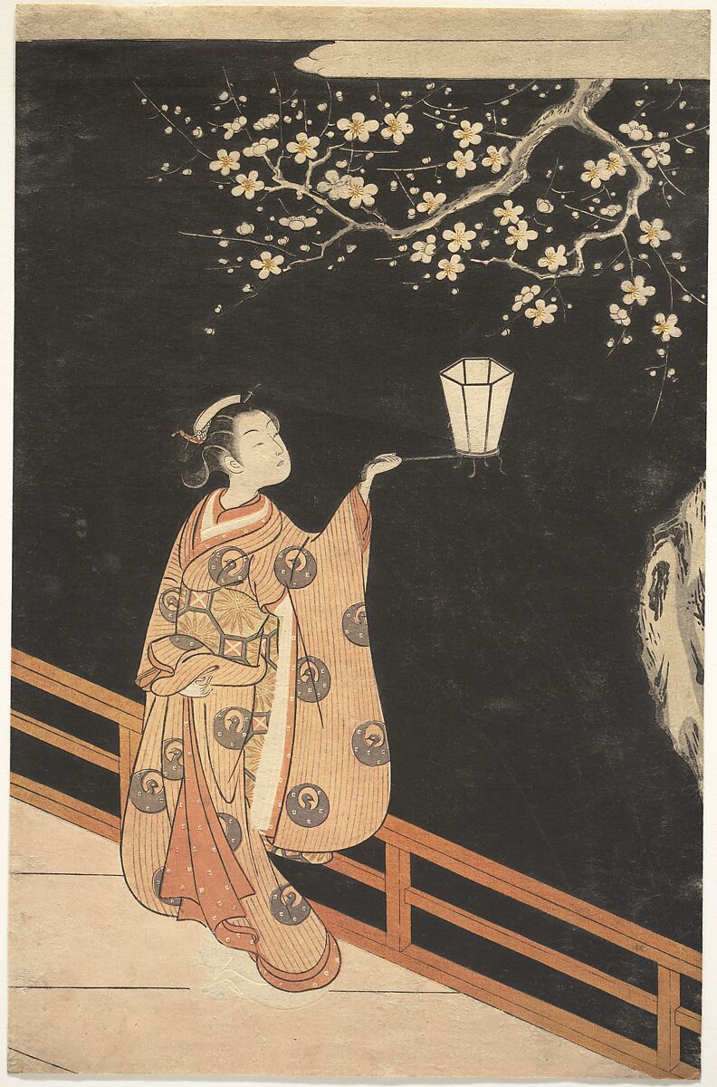 Woman Admiring Plum Blossoms at Night, Suzuki Harunobu 鈴木春信 (Japanese, 1725–1770), Woodblock print (nishiki-e) with embossing (karazuri); ink and color on paper, Japan 