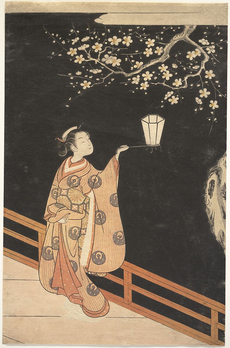 Suzuki Harunobu 鈴木春信 | Woman Admiring Plum Blossoms at Night 