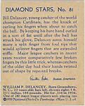 Bill Delancey; verso: Diamond Stars, No. 81 (1934 Averages), National Chicle Gum Company, Cambridge, Massachusetts, Commercial color lithograph