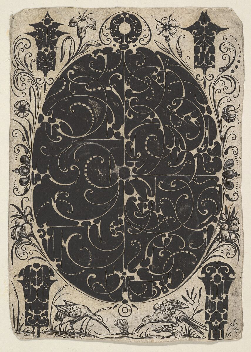 Oval Case Decorated  with Schweifwerk in Two Variants, Surrounded by Smaller Motifs, Flowers and Two Birds Below, Jacques Hurtu (French (active 1584–1635)), Blackwork and engraving 