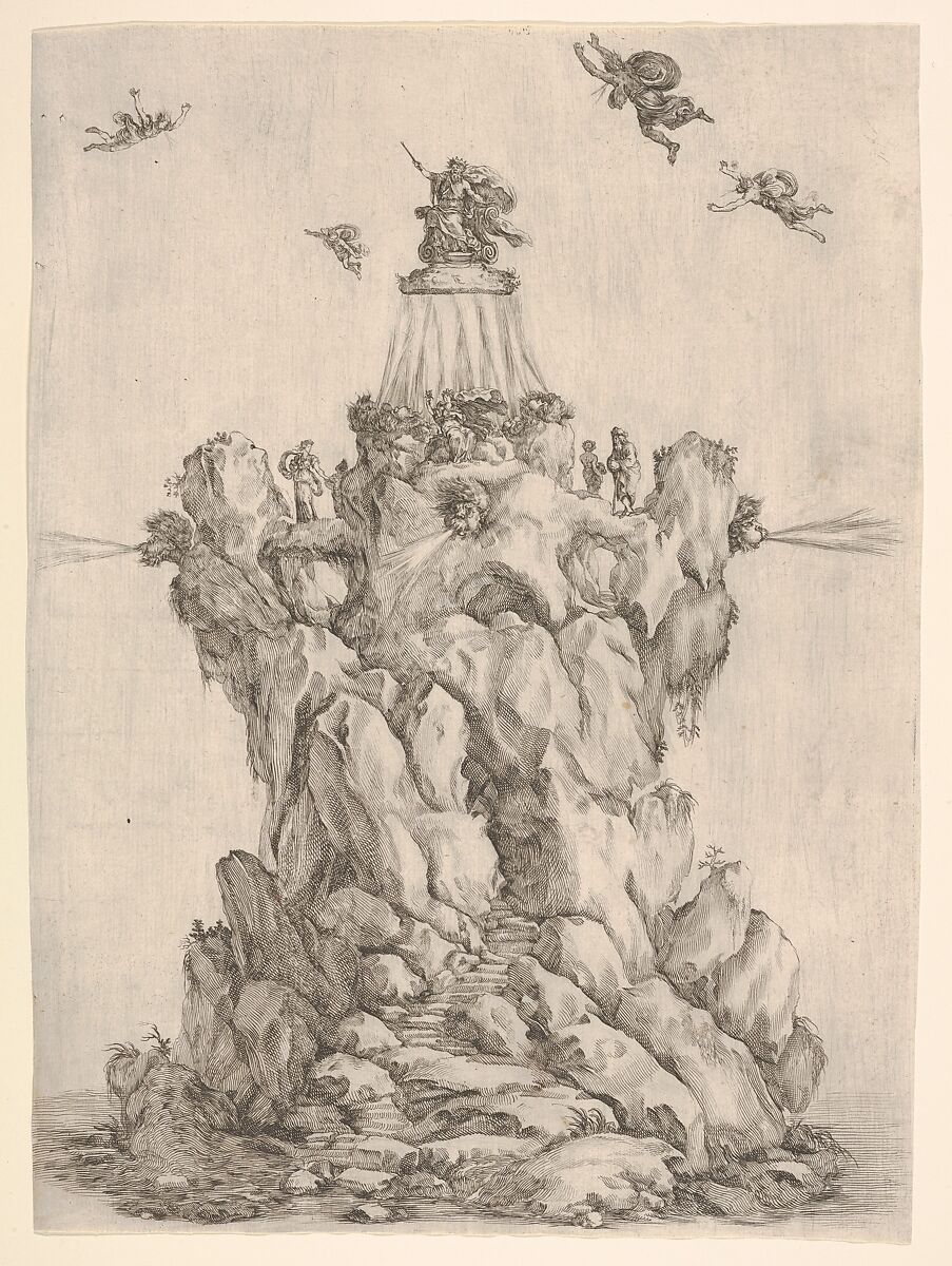 The rock of Aeolus, surrounded by water, with steps leading up the rock, the heads of three of the four winds on each corner blowing outwards, Aeolus crowned at the summit, four winds in the sky around him, from 'The contest of the seasons' (La gara delle stagioni), Stefano della Bella (Italian, Florence 1610–1664 Florence), Etching 