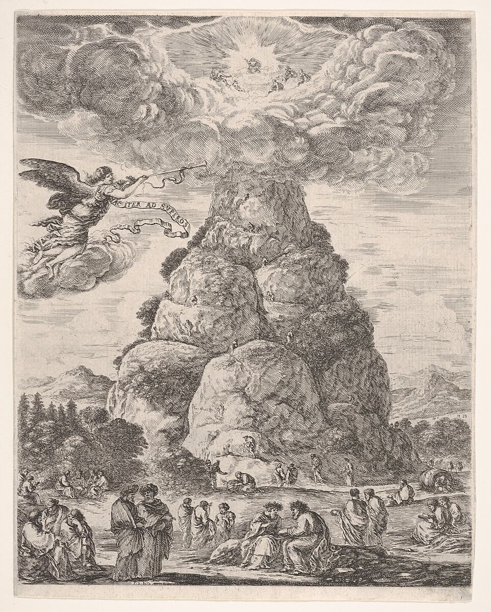 Rock of the Philosphers, or Mount Parnassus, many ancient philosophers gathered in groups at the base of the mountain in the foreground, Diogenes in his barrel to right and Archimedes in center studying an armillary sphere in the middleground, an angel in the sky to left, the mountain in the background, a large cloud at the top of the mountain with the assembly of the gods, Stefano della Bella (Italian, Florence 1610–1664 Florence), Etching; second state of two 