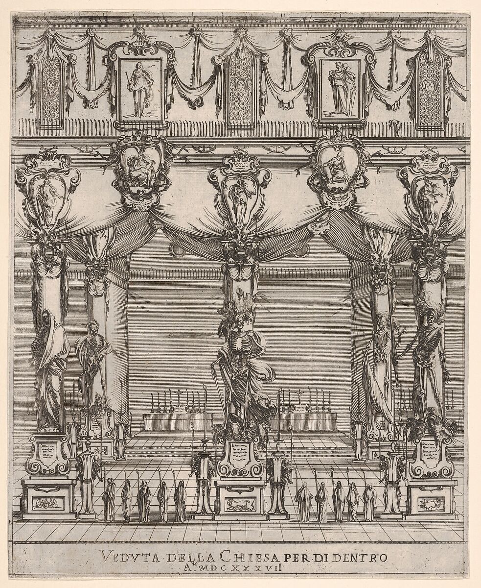 Interior of the church of San Lorenzo in Florence, five pillars, each with a large figure of death on a pedestal, ten hooded figures with staffs in foreground, two altars in the background, cartouches containing female figures above, from 'Ceremonies for the Funeral of Emperor Ferdinand II' (Funérailles de l'empereur Ferdinand II), Stefano della Bella (Italian, Florence 1610–1664 Florence), Etching; second state of two 