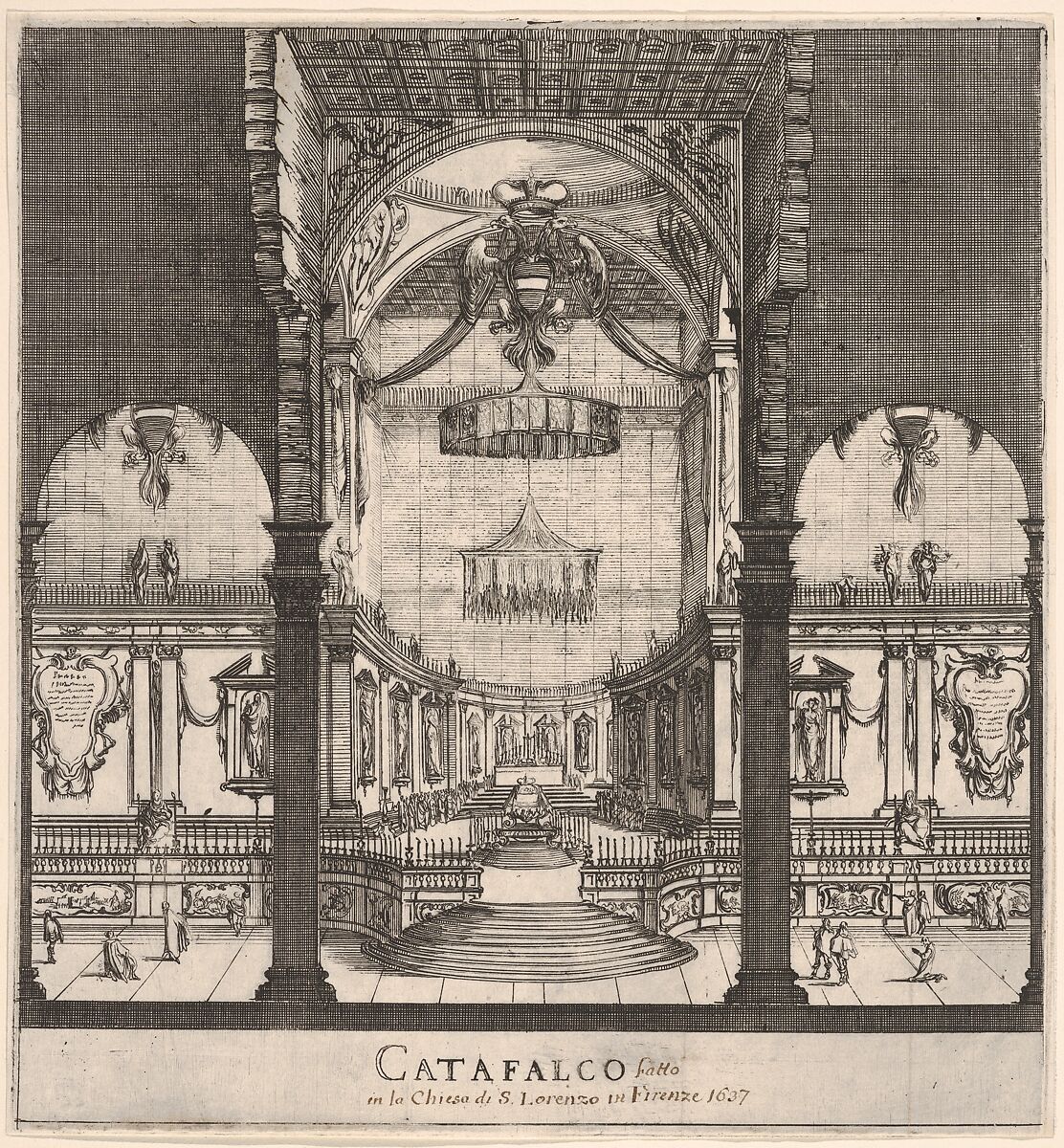 The tomb of Ferdinand II at center in the background within the choir of the church, three arches in center foreground, Austrian coat of arms hung in center arch, from 'Ceremonies for the Funeral of Emperor Ferdinand II' (Funérailles de l'empereur Ferdinand II), Stefano della Bella (Italian, Florence 1610–1664 Florence), Etching; second state of two 