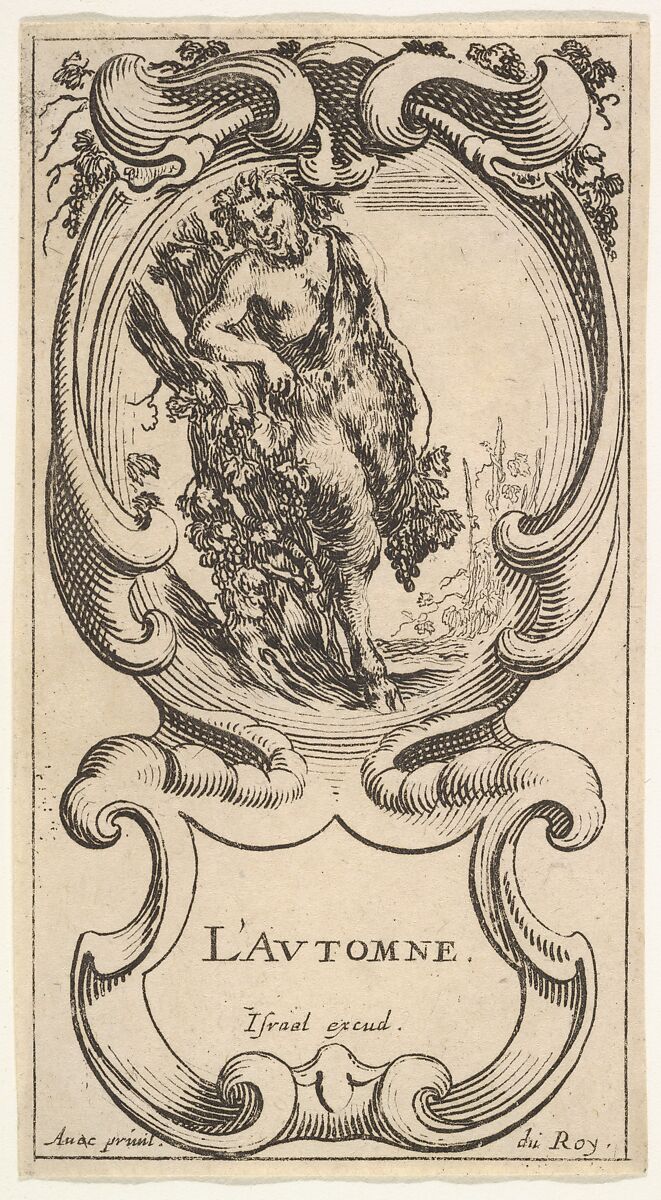 Autumn, a satyr with his right arm on top of a tree trunk on which a vine is growing and carrying grapes in his left hand, within a cartouche decorated with grapes, from 'The four Seasons' (Les quatre Saisons), Stefano della Bella (Italian, Florence 1610–1664 Florence), Etching 