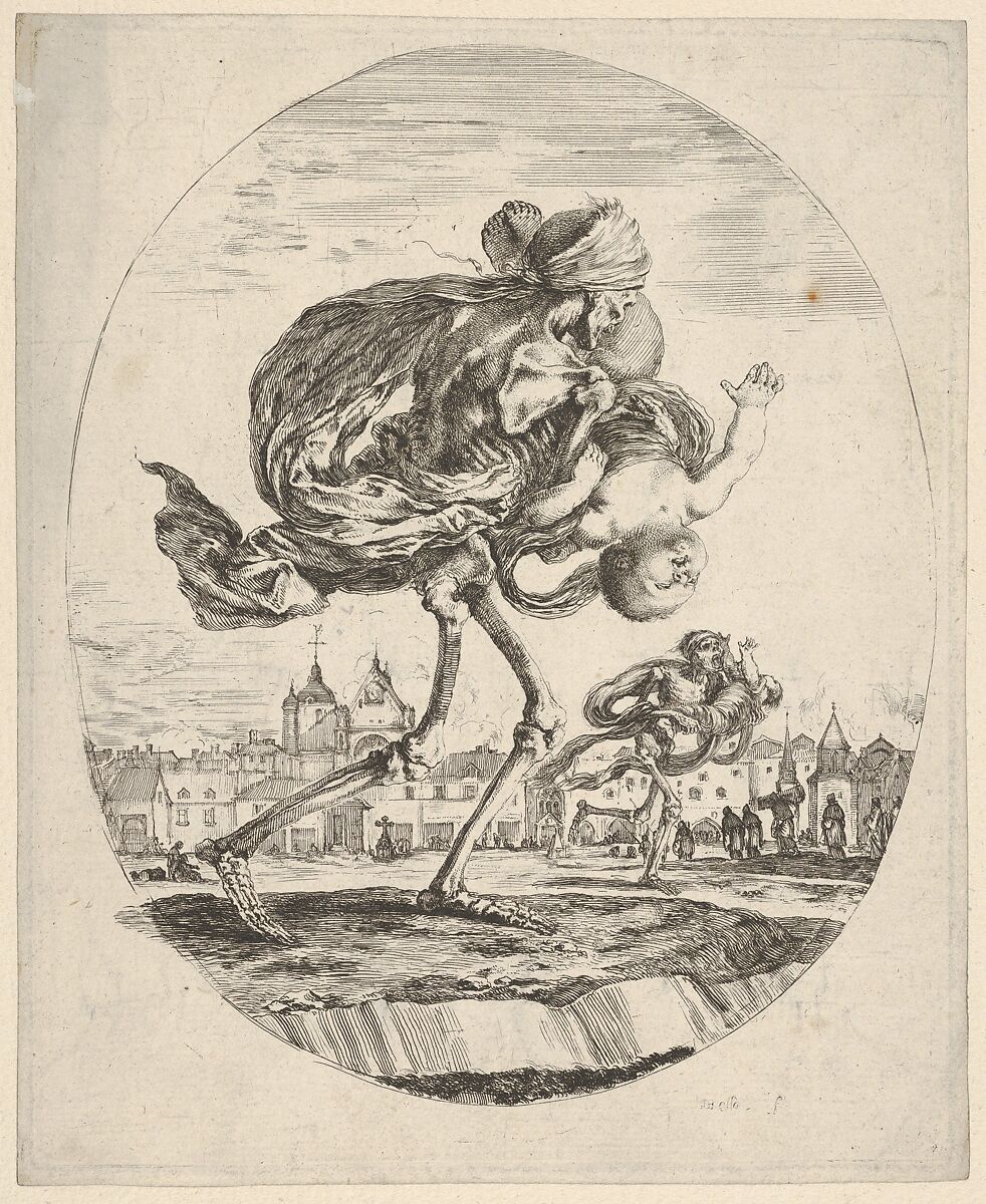 Death walking towards the right and carrying an infant upside down, another figure of Death to right in the middleground, the mass grave of Saints-Innocents in Paris in the background, from 'The five deaths' (Les cinq Morts), Stefano della Bella (Italian, Florence 1610–1664 Florence), Etching 