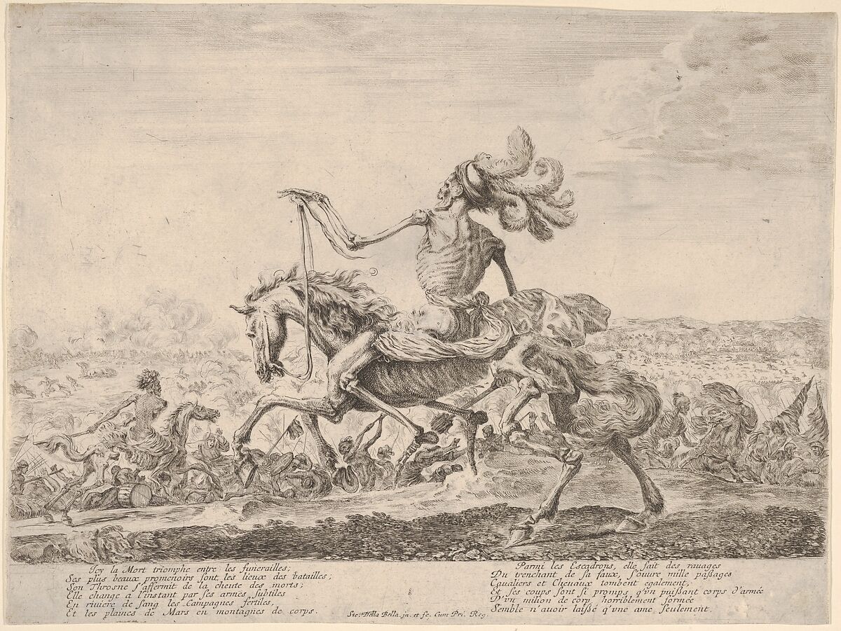 Death on a battlefield, atop a horse riding towards the left, wearing a hat with many feathers, other figures of Death battling to left and right in the background, Stefano della Bella (Italian, Florence 1610–1664 Florence), Etching; third state of four 