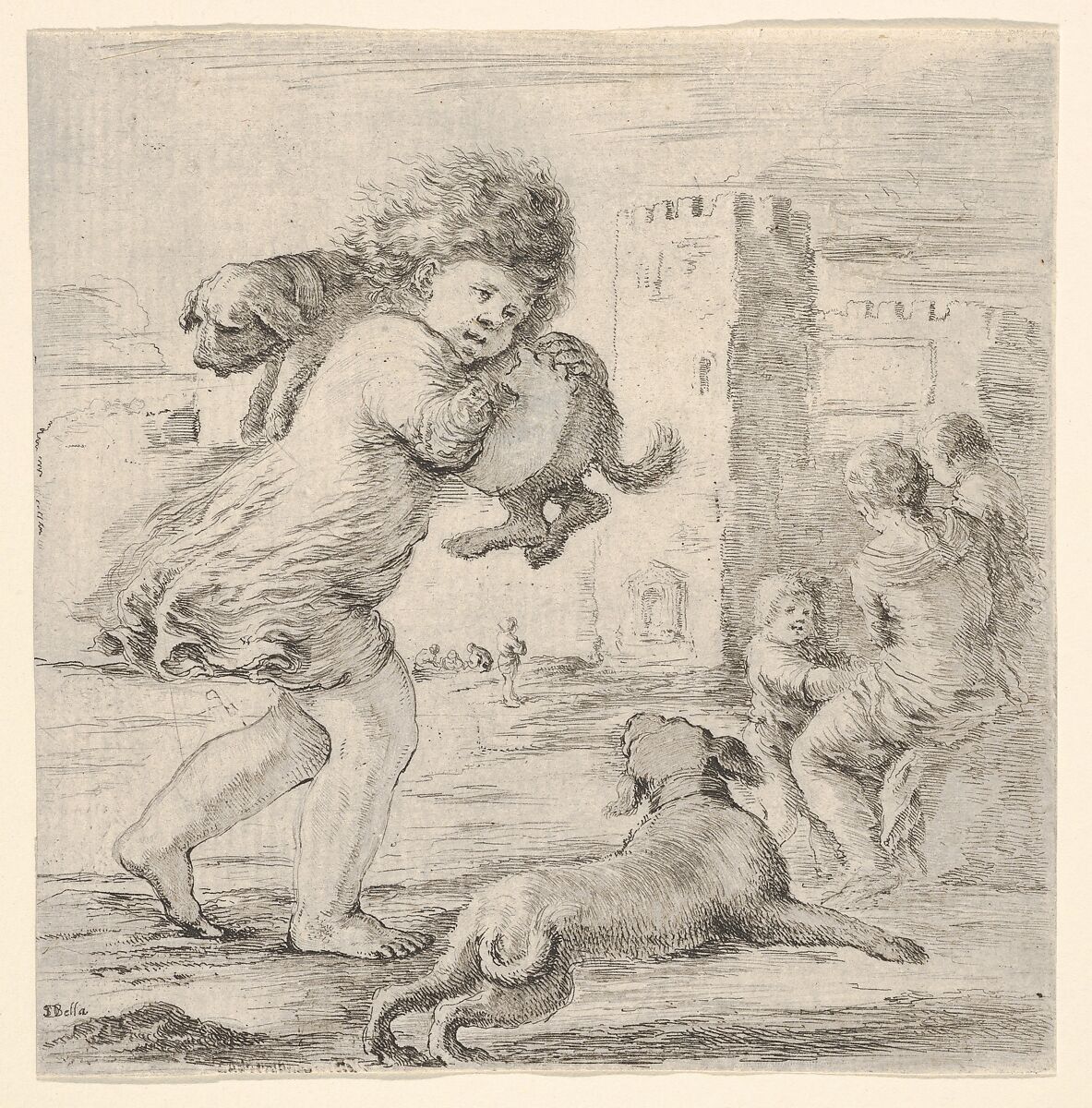 Child carrying a dog over his shoulder, walking towards the right, another dog running alongside to right, a woman with two children to right in the background, Stefano della Bella (Italian, Florence 1610–1664 Florence), Etching 