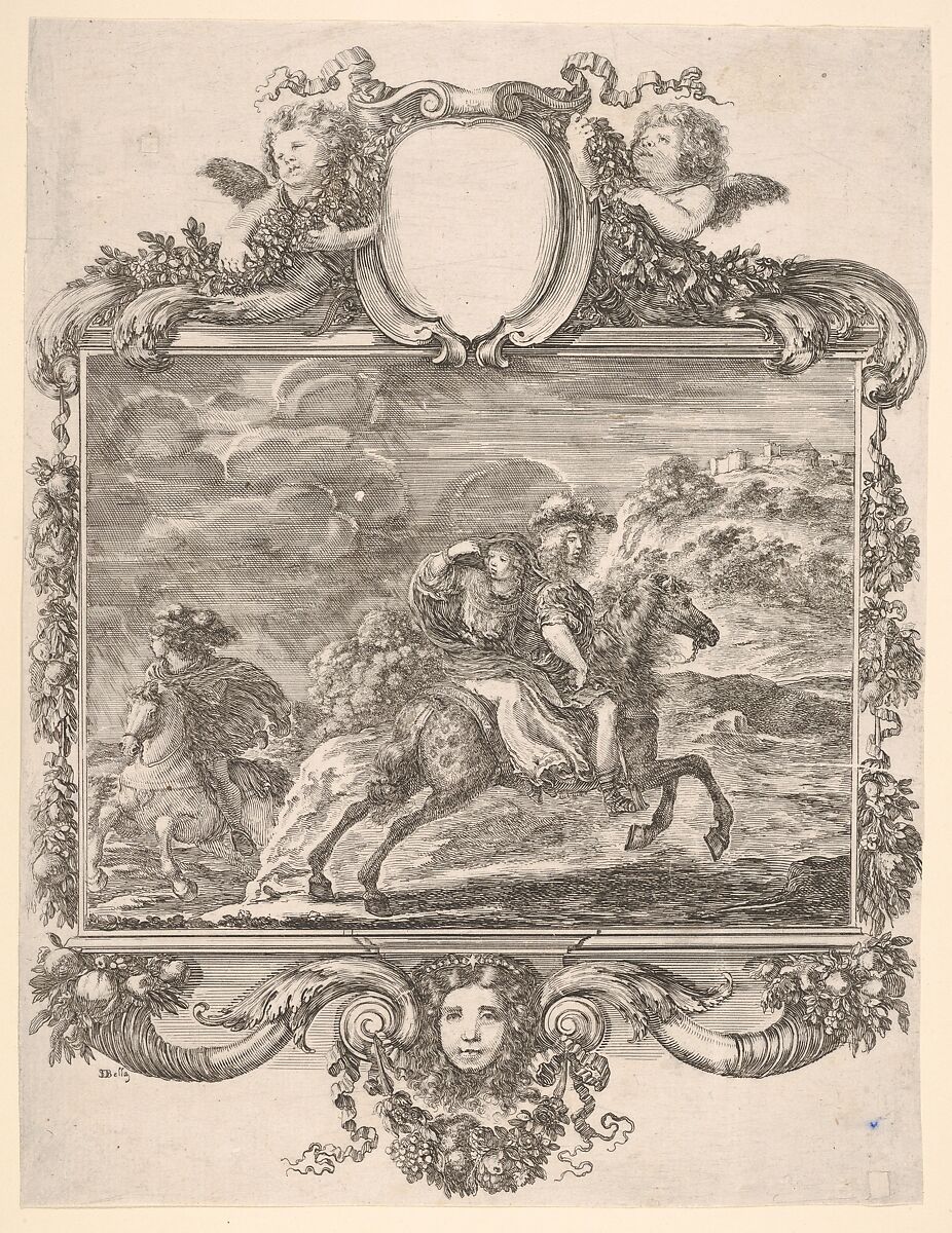 A horseman and a lady riding side saddle, galloping towards the right, another horseman follows, in an elaborate frame decorated with a mask of a young woman, cherubs, and fruit, Stefano della Bella (Italian, Florence 1610–1664 Florence), Etching 