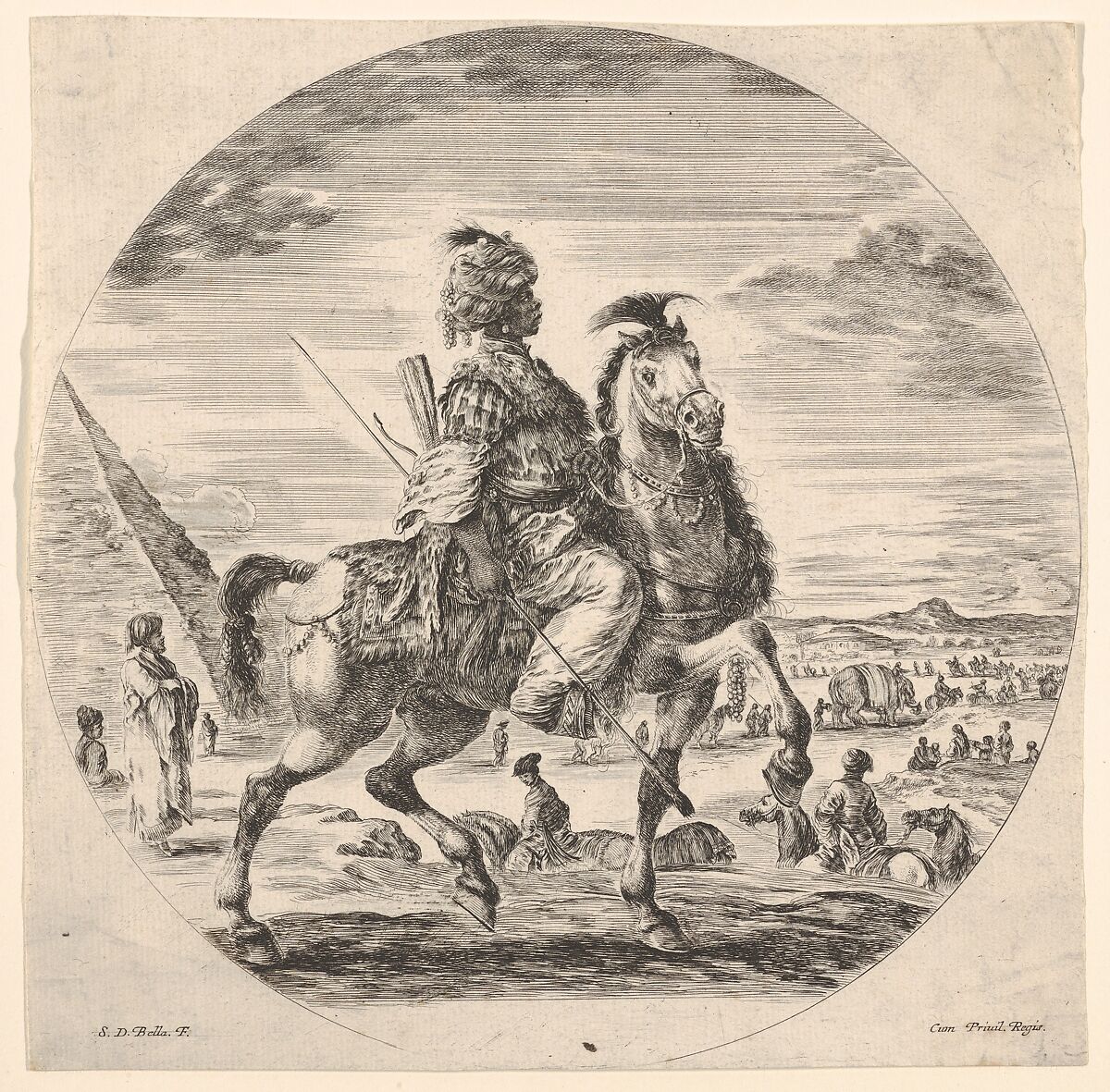 Moorish horseman in profile facing right, in the background a pyramid at left, many figures and an elephant, from 'Figures on Horseback' (Cavaliers nègres, polonais et hongrois), Stefano della Bella (Italian, Florence 1610–1664 Florence), Etching; second state of two 