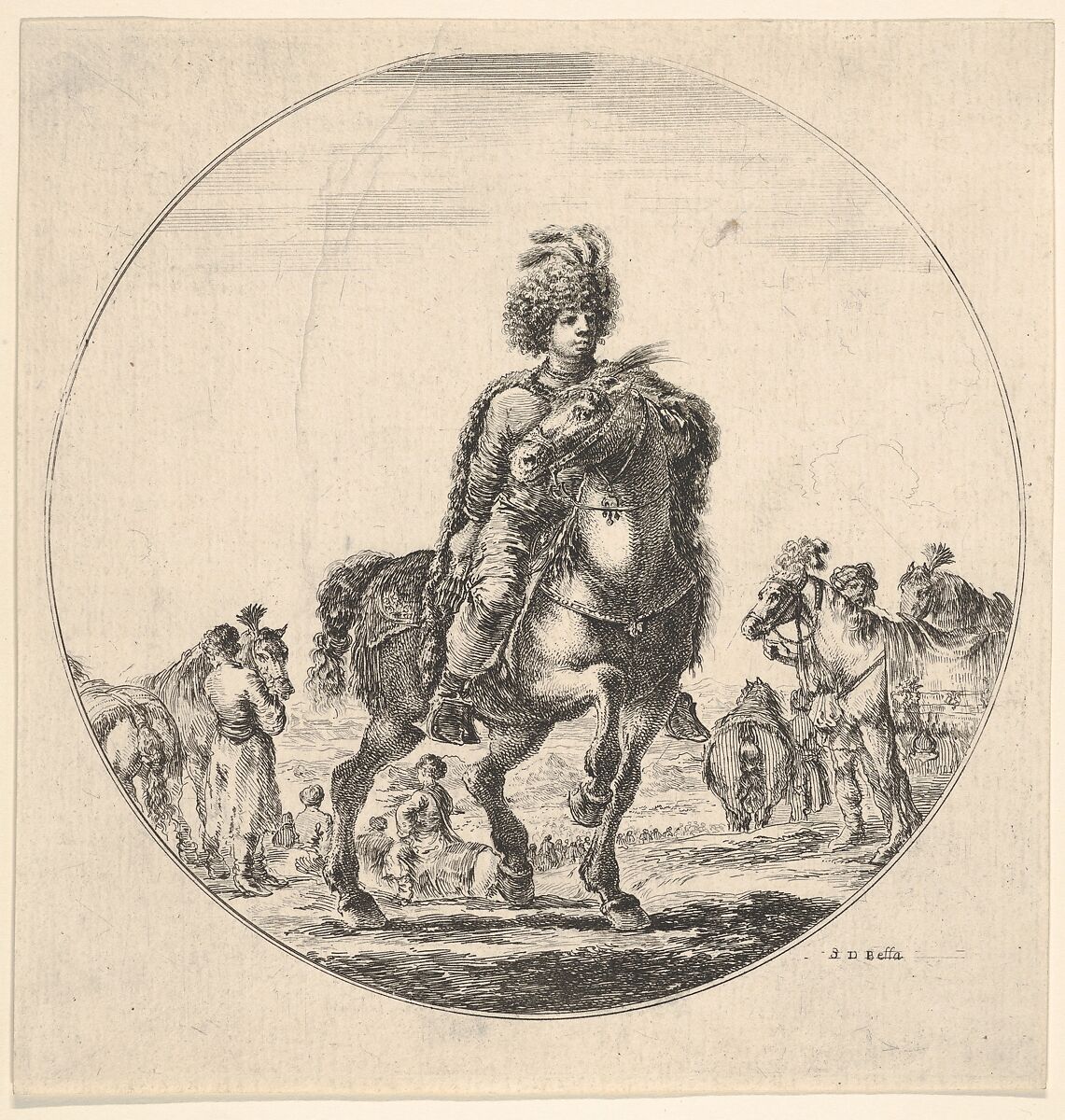 Polish horseman facing right, a circular composition, from 'Figures on Horseback' (Cavaliers nègres, polonais et hongrois), Stefano della Bella (Italian, Florence 1610–1664 Florence), Etching 