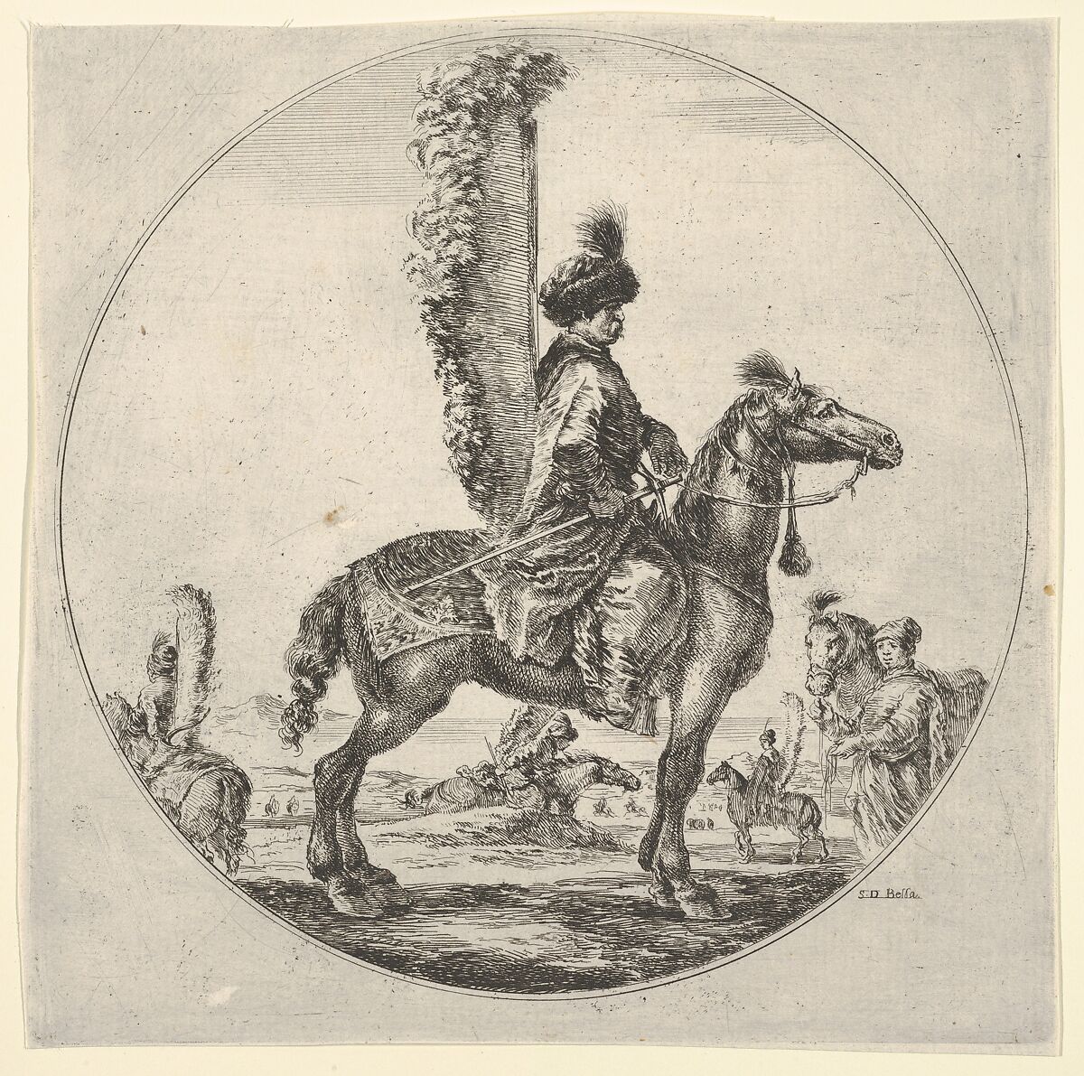 Polish hussar in profile facing right with wings attached to his back, a circular composition, from 'Figures on Horseback' (Cavaliers nègres, polonais et hongrois), Stefano della Bella (Italian, Florence 1610–1664 Florence), Etching 
