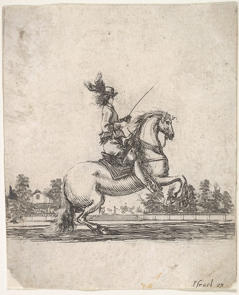 A horseman atop a rearing horse, in profile and turned towards the right, gardens in the background, from 'Various cavalry exercises' (Diverses exercices de cavalerie), Stefano della Bella (Italian, Florence 1610–1664 Florence), Etching 