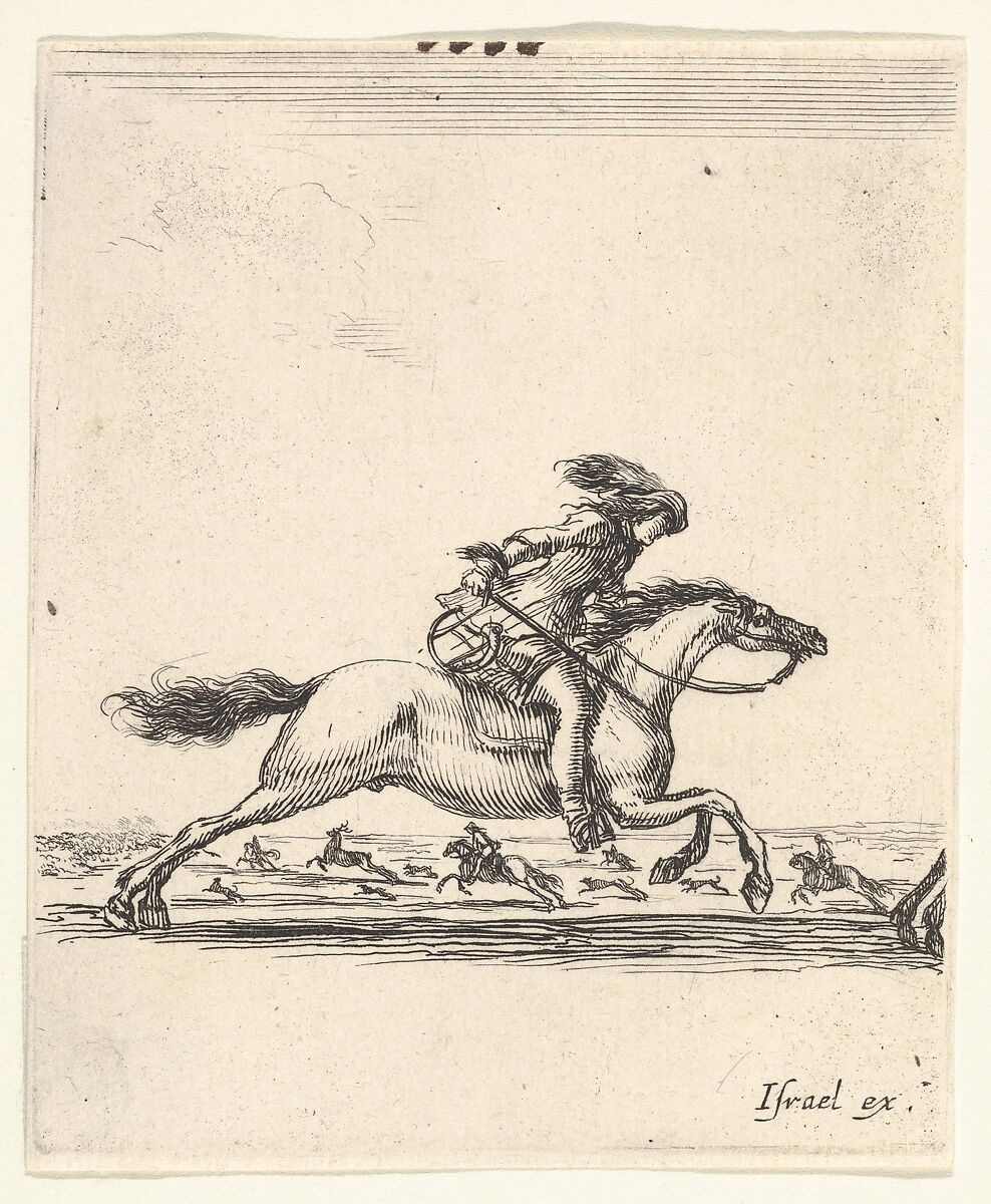 A horseman with sword in hand galloping towards the right, other horsemen galloping towards the left in the background, from 'Various cavalry exercises' (Diverses exercices de cavalerie), Stefano della Bella (Italian, Florence 1610–1664 Florence), Etching 