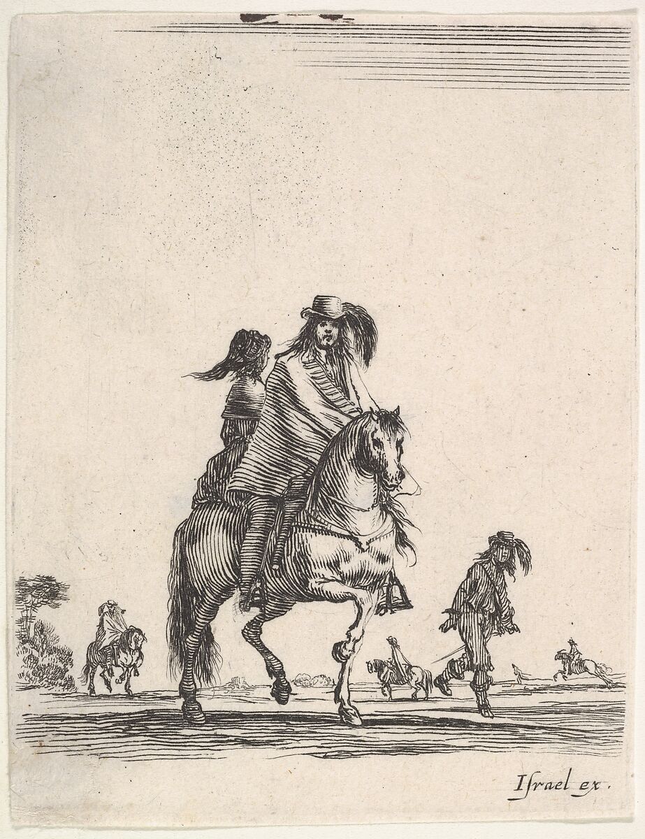 A horseman and his wife, seated side-saddle behind him, riding towards the right, other horsemen and footsoldiers in the background, from 'Various cavalry exercises' (Diverses exercices de cavalerie), Stefano della Bella (Italian, Florence 1610–1664 Florence), Etching 