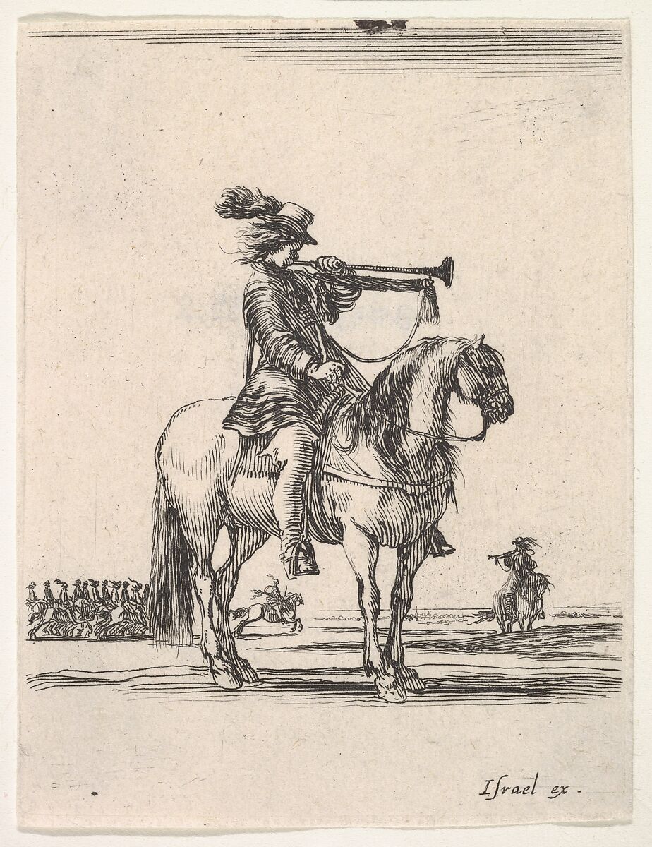 Trumpeter on horseback facing right, a group of horsemen in the background, from 'Various cavalry exercises' (Diverses exercices de cavalerie), Stefano della Bella (Italian, Florence 1610–1664 Florence), Etching 
