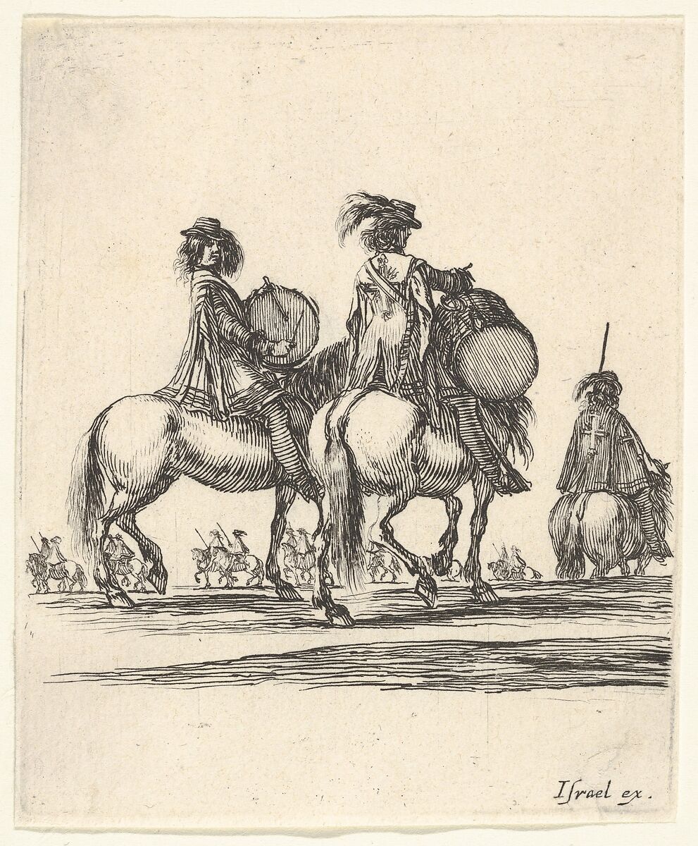 Two muskateers with drums on horseback following a procession to the right, from 'Various cavalry exercises' (Diverses exercices de cavalerie), Stefano della Bella (Italian, Florence 1610–1664 Florence), Etching 